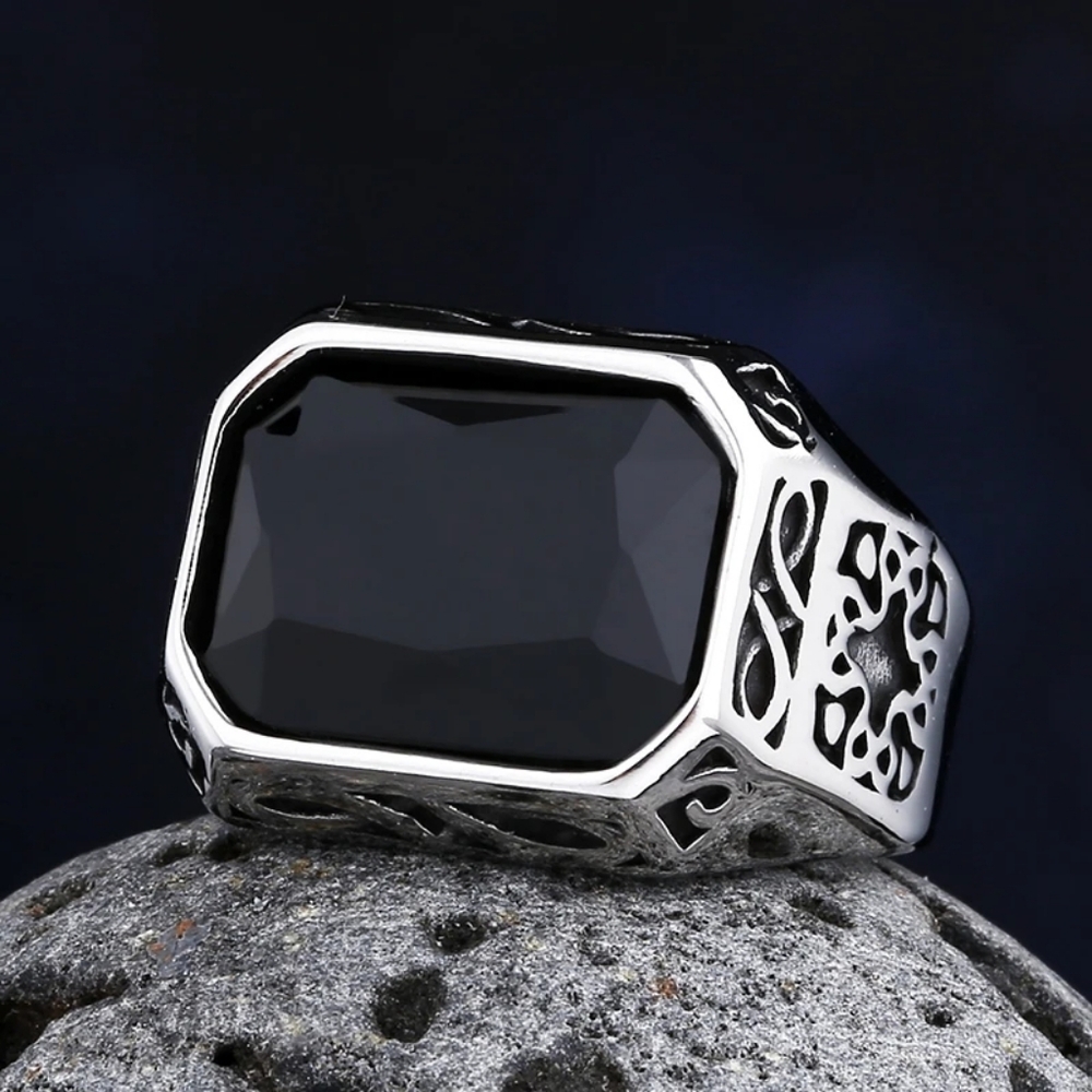 NEW Men's Stainless Steel Ring 9 & 10 Black Stone